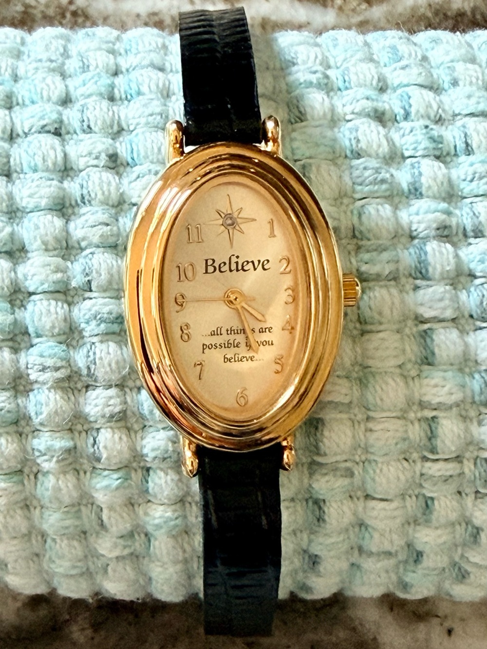 Vintage Avon~Genuine Diamond Accent~ Leather~Black Adjust Strap~Gold Tone~New